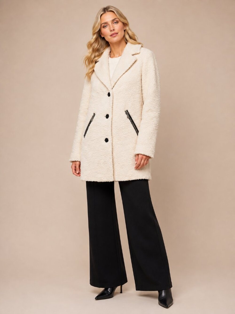 Andrew Marc Boucle Alpaca Wool Teddy Coat Zip-Pockets Ecru S #A3835